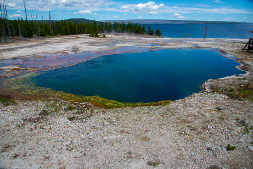Abyss pool in Yellowstone of vivid colors caused by thermophilic bacteria