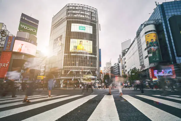 Pedestrians crossing the street at Shibuya crossing with motion blur