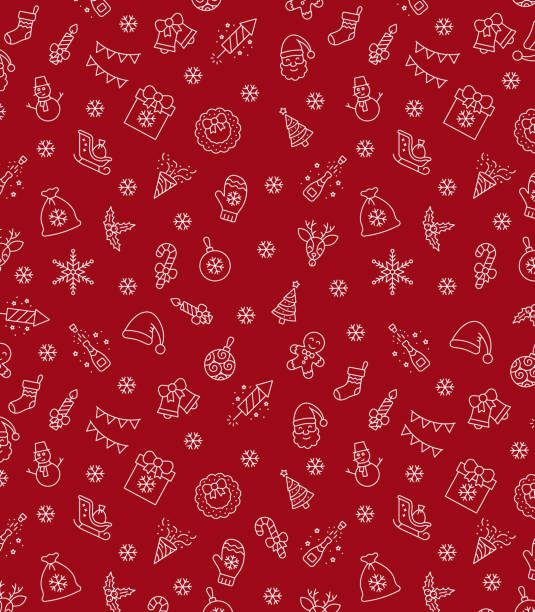 크리스마스 아이콘 원활한 패턴, 크리스마스 배경, 새해 빨간색 배경, 메리 크리스마스 휴일 패턴, eps 10. - 크리스마스 포장지 일러스트 stock illustrations