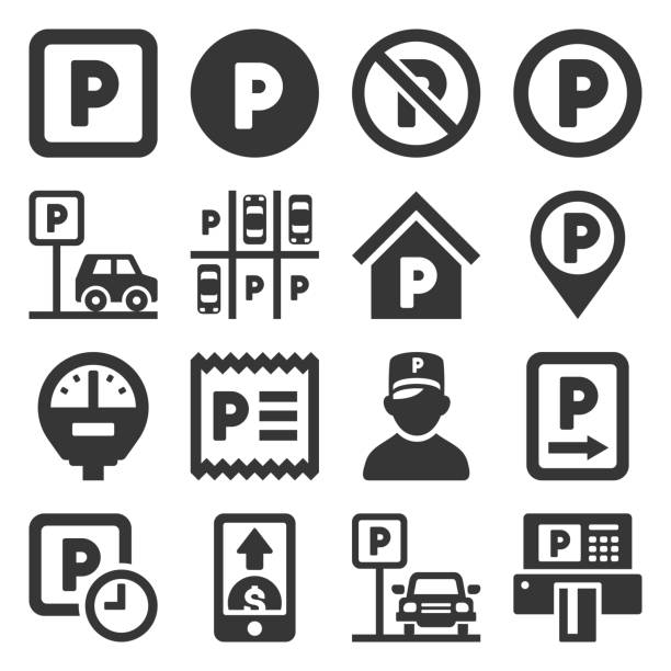 illustrazioni stock, clip art, cartoni animati e icone di tendenza di icone di parcheggio auto impostate su sfondo bianco. vettore - parcheggiare