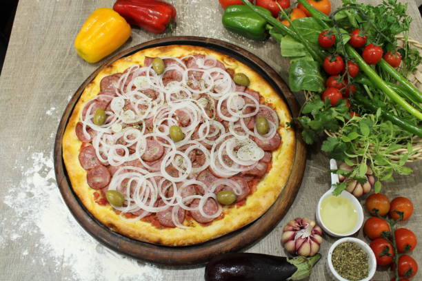 istock style food with wood-fired pizzas placed on the table with vegetable decoration 1180453985