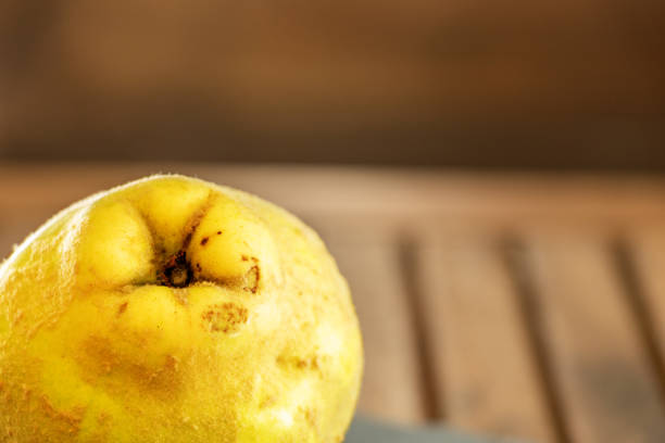 cingen inteiro com a pele macia amarela após uma colheita da último-estação em uma bandeja cinzenta da ardósia em um fundo de madeira com espaço de texto negativo - agriculture autumn apple greengrocers shop - fotografias e filmes do acervo