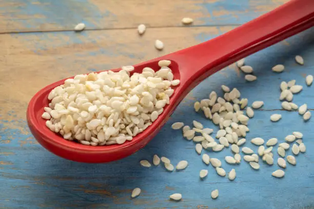 white sesame seeds in a stoneware spoon against a grunge painted wood