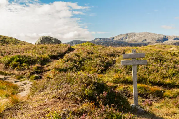 Photo of Sign on hiking trail to Kjerag Kjeragbolten in Rogaland, Norway.