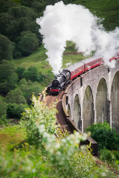Steam train travels over the Glenfinnan Viaduct in Scotland