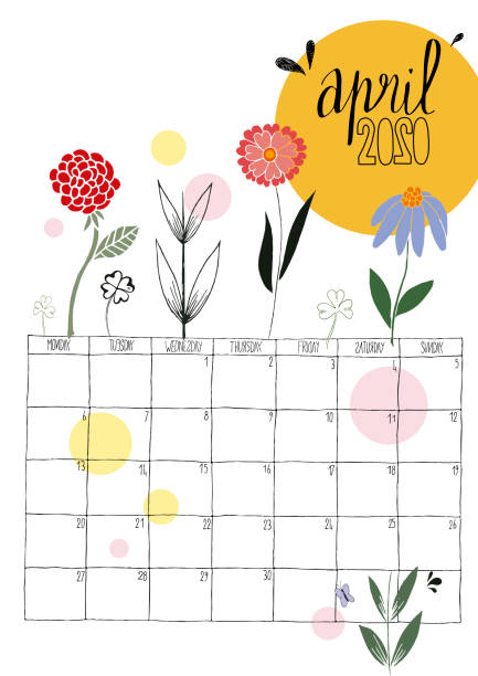 vector illustration of a hand drawn calendar of april 2020 with colored doodles vector art illustration