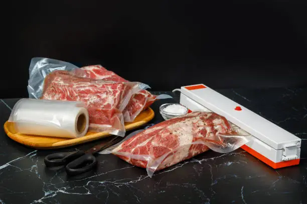 Vacuum sealer machine and meat on a dark background.