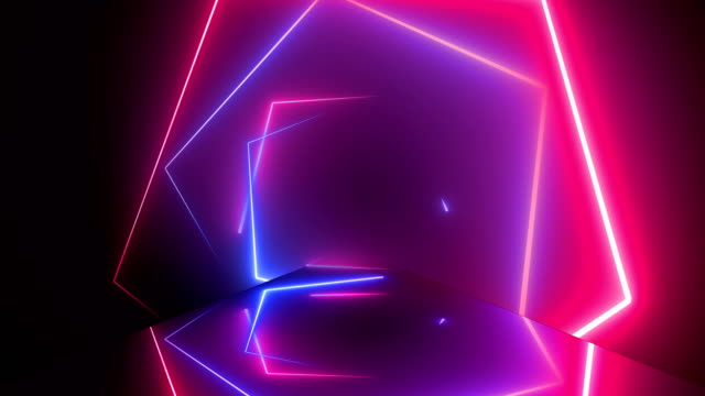 Flying through glowing rotating neon squares creating a tunnel, blue red pink spectrum, fluorescent ultraviolet light, modern colorful lighting, Loopable 4K animation