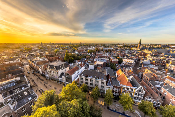 Skyline of historic Groningen city Aerial Skyline view of historic Groningen city centre under setting sun. The Netherlands netherlands aerial stock pictures, royalty-free photos & images