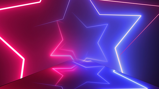 Star Shape, Flight through neon tunnel, moving fashion podium, abstract background, spinning frames, virtual reality, glowing lines.