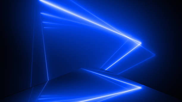 forme de triangle, tunnel de néon rougeoyant. contexte abstrait sans couture. lumière ultraviolette fluorescente. - blue abstract electricity energy photos et images de collection