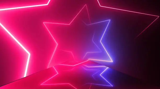 Photo of Star Shape, Glowing Neon Blue Pink  Lights Abstract Background