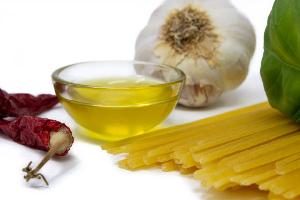 spaghetti with garlic, oil and red pepper on a white background macro photography