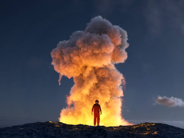 우주 비행사는 큰 폭발을 보고 - volcano exploding smoke erupting 뉴스 사진 이미지