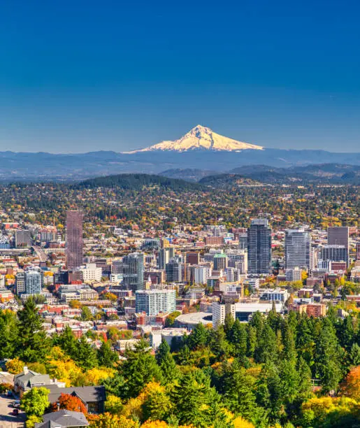 Aerial view of Portland, Oregon take in Autumn