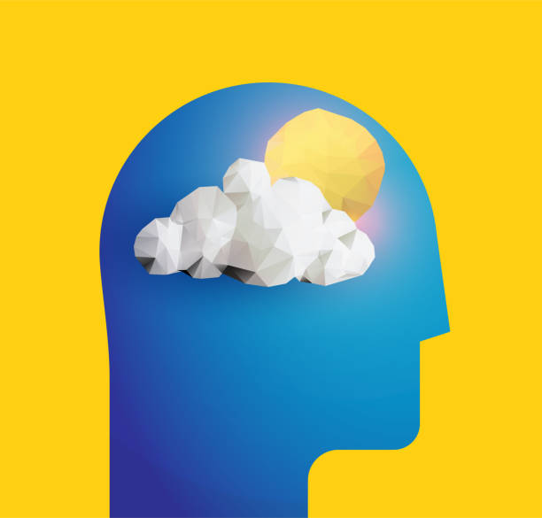 istock Humans head silhouette with sun and cloud. Good mood. Chill. Good day. Peaceful mind. Psychology themed Vector illustration. 1180477049