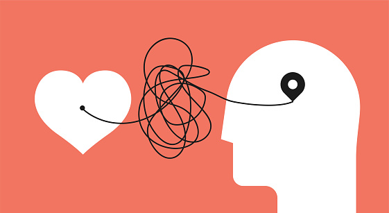 From heart to head. Distorted path from soul to brain. Psychology concept about yourself listening for your psychology therapy blog article image or post. Minimalistic vector eps 10 illustration.