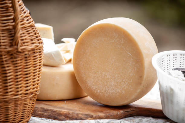istock Whole cheese round on table with other dairy products 1180480358