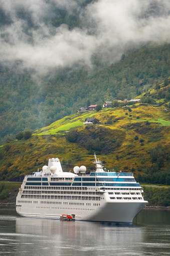 Huge cruise ship seems out of place in tranquil Norway fjord with houses on mountainside.