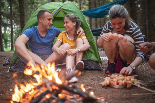 istock Couple sitting together near a camp fire 1180482560