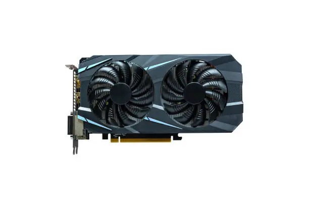 Computer graphics card isolated. Modern card with two cooling fans.