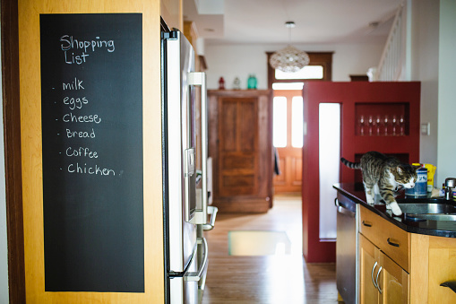 kitchen, blackboard, list, grocery