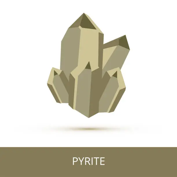 Vector illustration of Vector mineralogy icon of an iron sulfide mineral pyrite FeS2 or fool's gold. Superficial resemblance of pyrite to gold isolated on a white background.