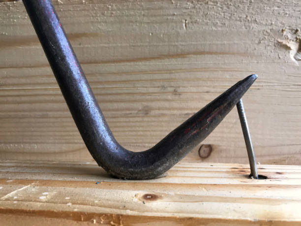 Take out the nail from the board with a nail clipper. The nail is slightly bent by force. Background.