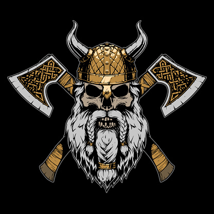 istock Viking skull illustration on black background 1180485960