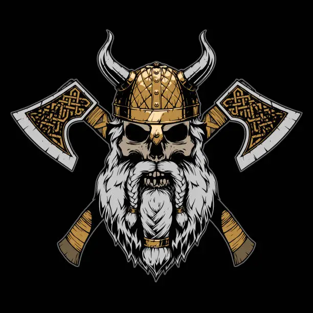 Vector illustration of Viking skull illustration on black background