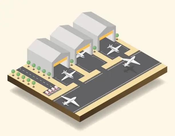 Vector illustration of Airport runway, airfield isometric vector illustration. Modern air transportation business, aviation industry, commercial airline 3D design element. Passenger, cargo planes, hangars and ambulance cars