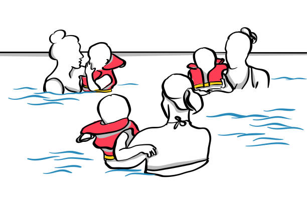 Babies Swimming Lessons Babies in the swimming pool with their mother and taking lessons wearing life jackets baby heart rate stock illustrations