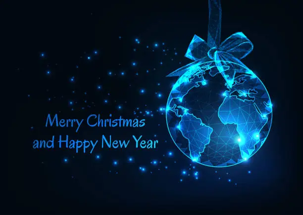 Vector illustration of Merry Christmas and Happy New Year greeting card with world globe as a hanging ball and ribbon bow.