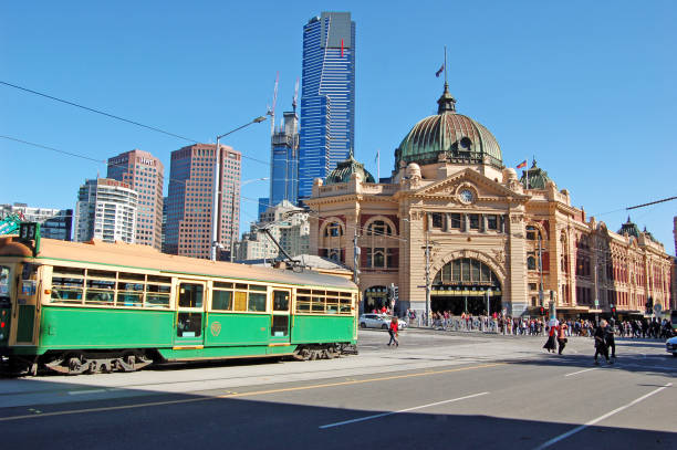 tram at flinders - history built structure australia building exterior imagens e fotografias de stock