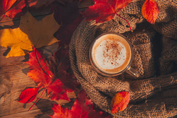 Autumn, fall leaves, hot cup of coffee and a warm wool scarf on wooden table background top view. Seasonal, morning coffee. Hot drink for autumn cold rainy days. stock photo