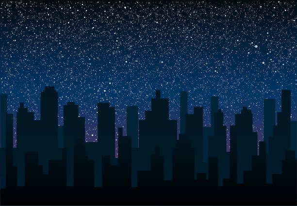 istock Shining night stars sky in under city. Black silhouette buildings, skyscraper, houses. 1180509351