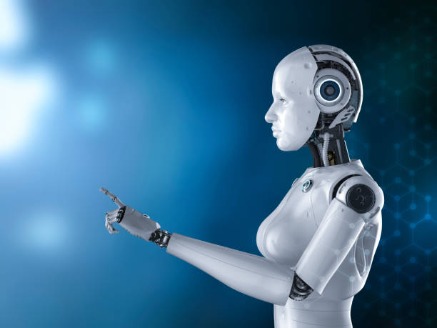 istock Female cyborg or robot finger point 1180509592