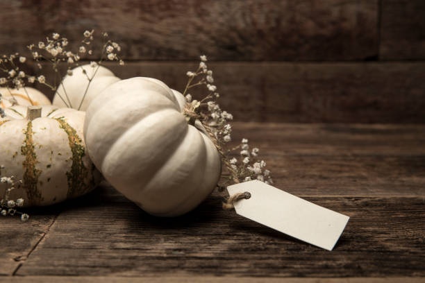 istock Autumn White Small pumpkins with card on wood background 1180511187
