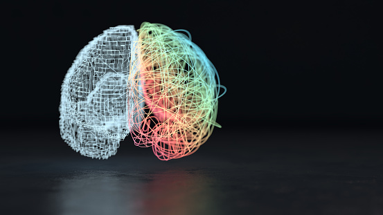 3d render of the creative right and analytical left brain hemisphere