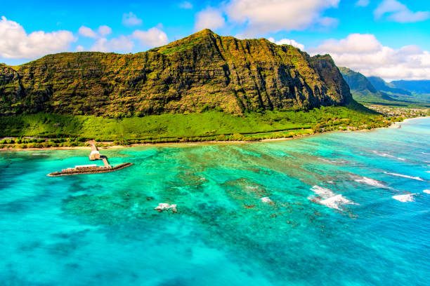 A magnificent landscape along the coastline of the northern shores of the island of Oahu, Hawaii, shot from an altitude of about 1000 feet over the Pacific Ocean.