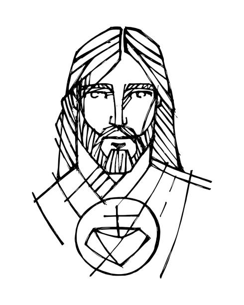 ilustrações, clipart, desenhos animados e ícones de ilustração desenhada mão do rosto sagrado de jesus cristo - cross shape cross heart shape jesus christ