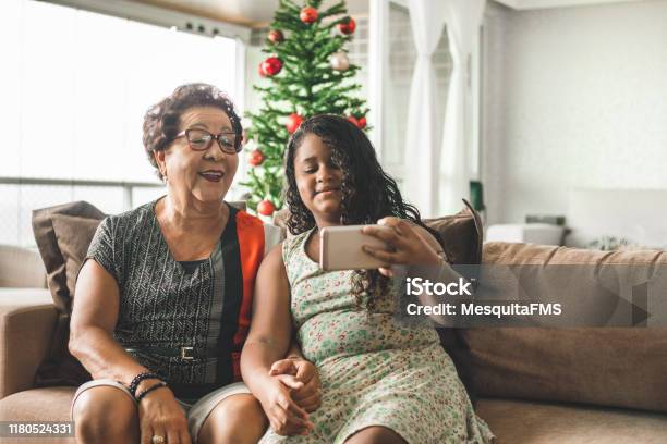Family Enjoying Christmas At Home Stock Photo - Download Image Now - Christmas, Video Call, Latin American and Hispanic Ethnicity