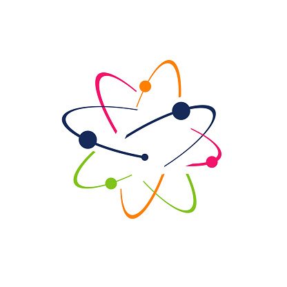 Symbol of science research Atom logo Vector icon illustration. electrons rotate in orbits around atomic nucleus concept