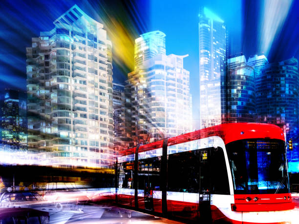Downtown Toronto Abstract - Street Car (Public Transportation) Mass transit / public transportation in downtown Toronto. sustainable energy toronto stock pictures, royalty-free photos & images