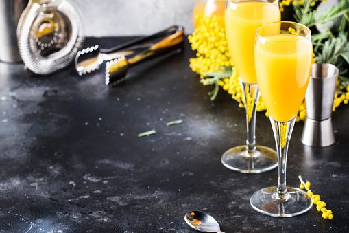 Mimosa alcohol cocktail with orange juice and cold dry champagne or sparkling wine in glasses, gray bar counter background with yelow flowers, copy space, selective focus