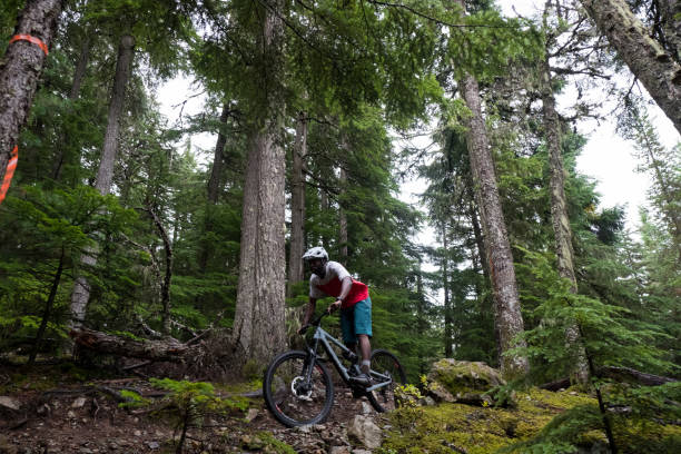 istock Skilled male mountain biking through a forest 1180542394