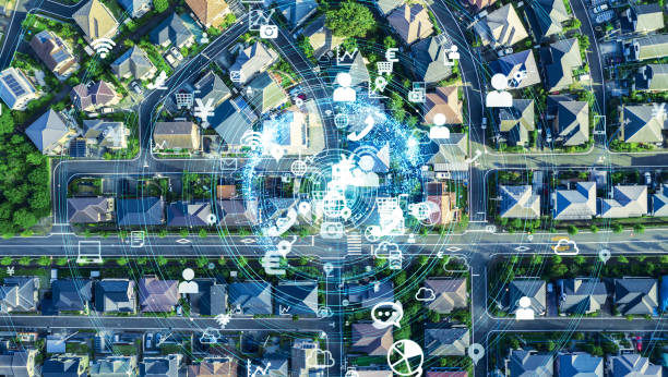 istock Residential buildings and communication network concept. Smart house. 1180543347