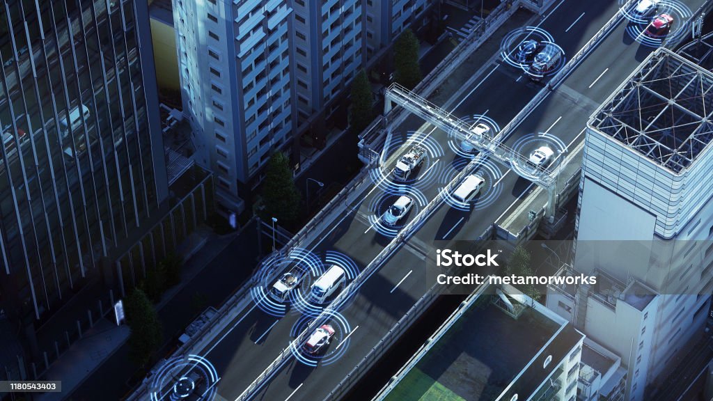 Automotive sensing system concept. Autonomous car. Driver assistant system. Adaptive cruise control. Car Stock Photo