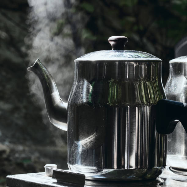 istock Camping camp holidays concept Two teapots with hot tea 1180544225