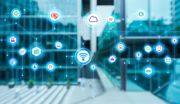 Communication network concept. Smart city. 5G. IoT (Internet of Things) concept.